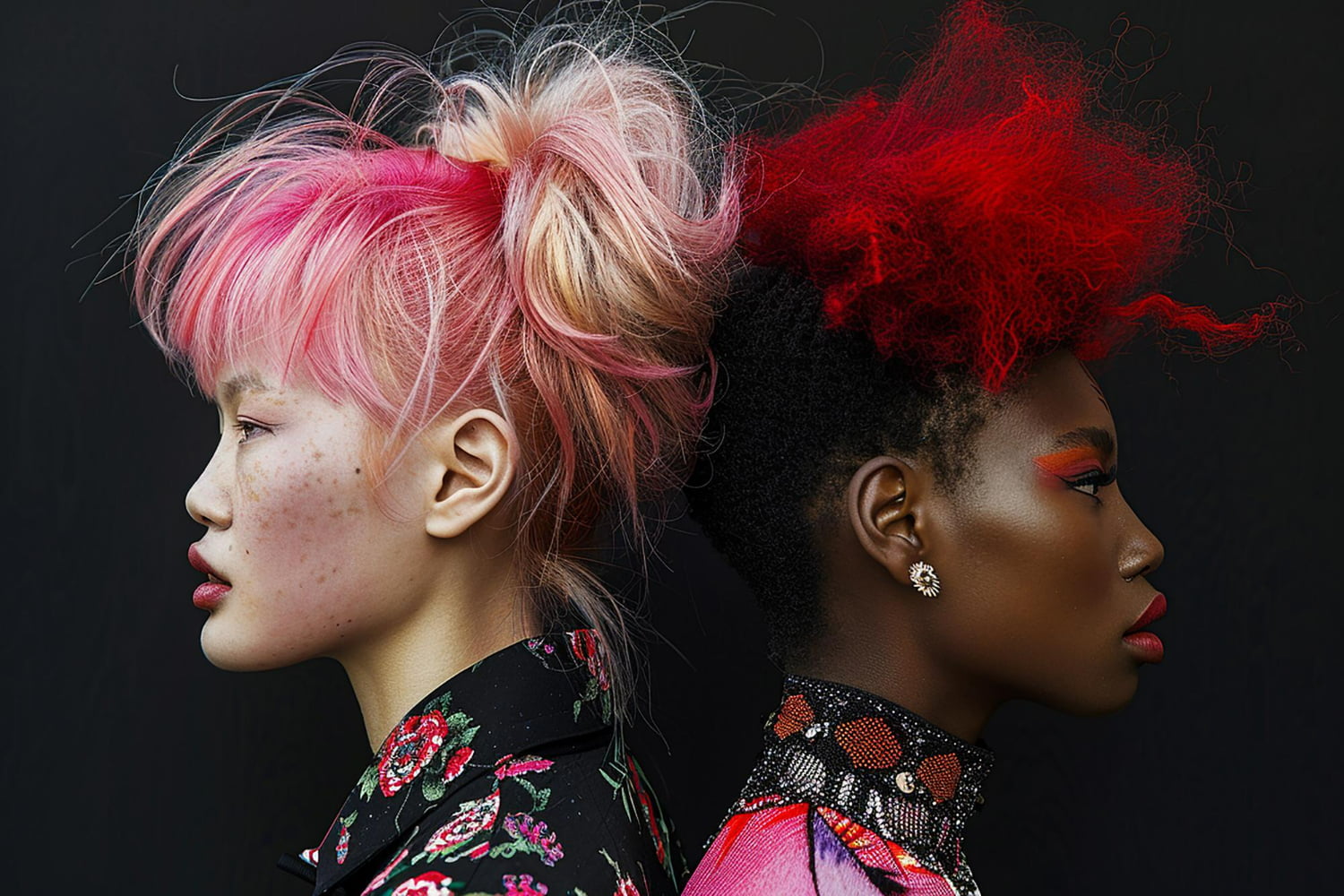 A striking editorial portrait featuring two women in profile against a dramatic black background, united by bold artistic vision and creative self-expression. A striking editorial portrait featuring two women in profile against a dramatic black background, united by bold artistic vision and creative self-expression.