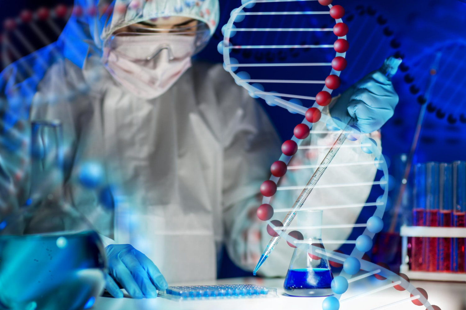 This compelling image depicts a scientist working in a high-tech laboratory environment, fully equipped with protective gear—lab coat, safety goggles, and gloves.