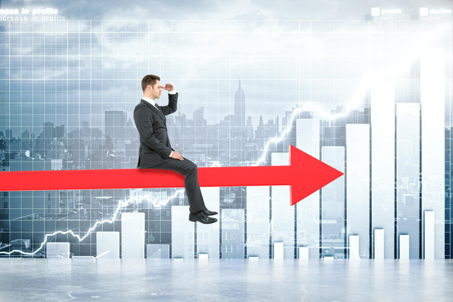The ascending arrow and skyline together convey momentum, ambition, and sustained business expansion in a competitive marketplace.