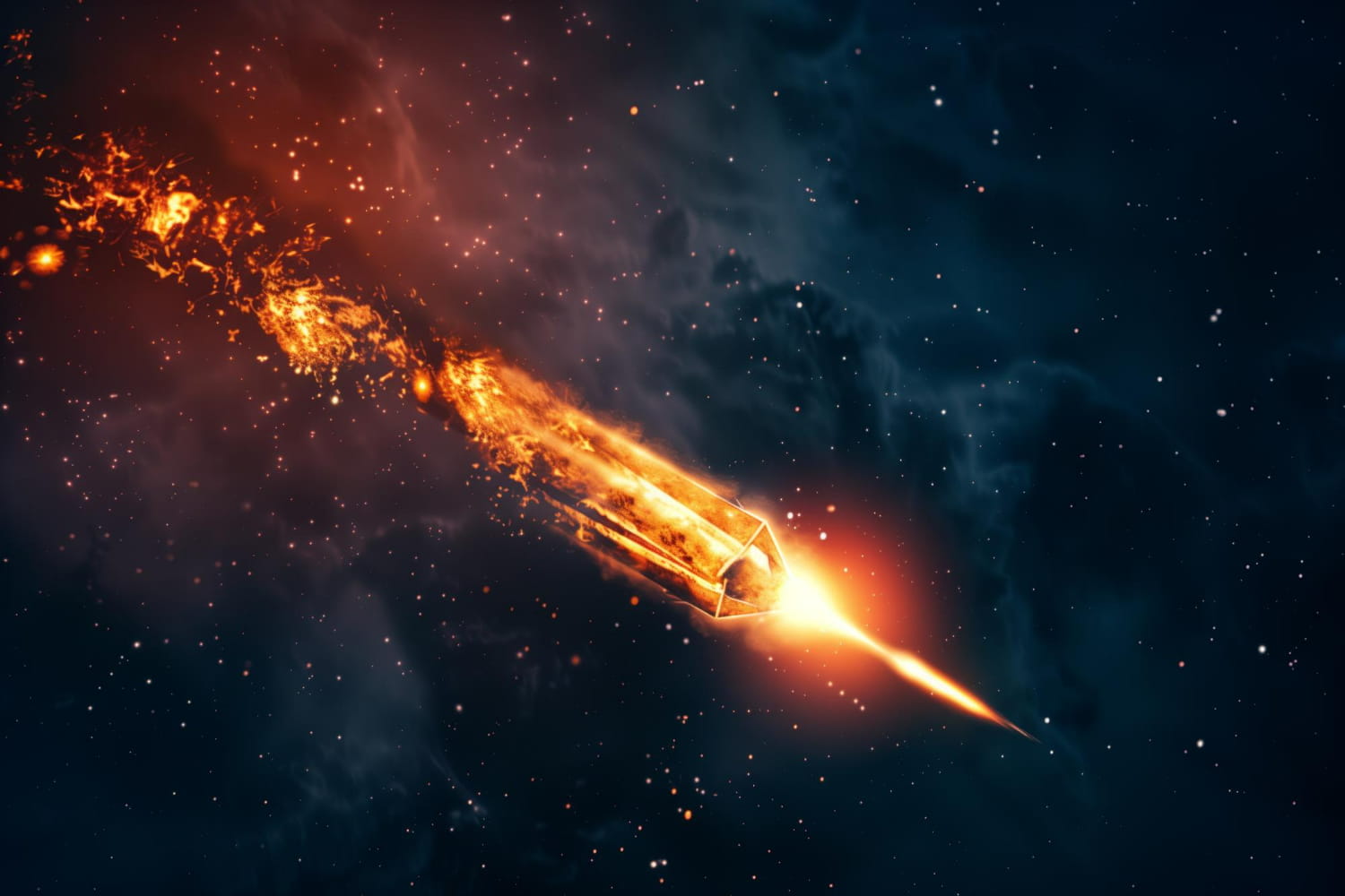This dramatic digital artwork captures the awe-inspiring moment of a meteor or comet hurtling through the cosmos at tremendous velocity.