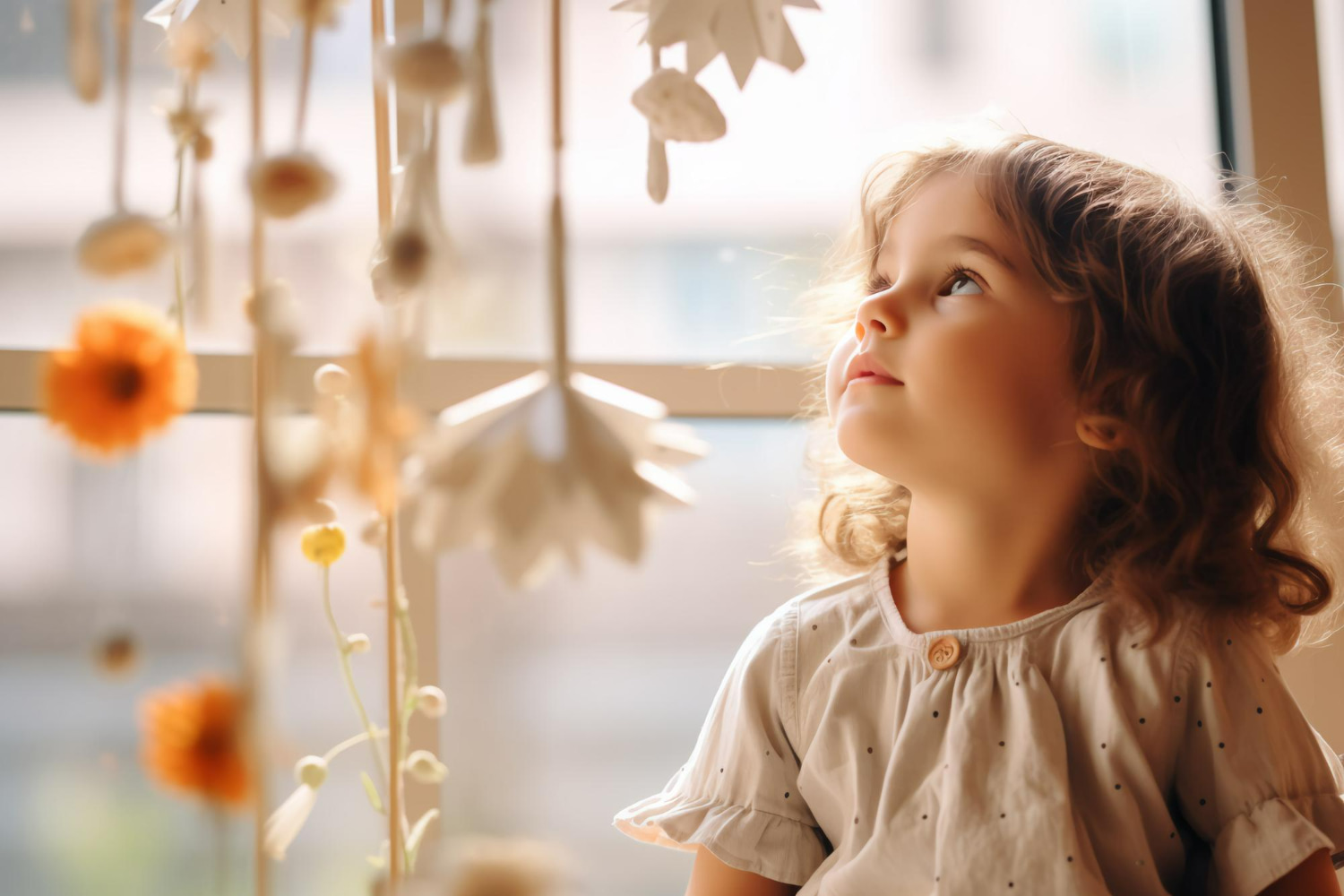 This enchanting photograph captures a precious moment of childhood awe and wonder. The image beautifully conveys the magic that children find in simple, beautiful things and their ability to see the world with fresh eyes.
