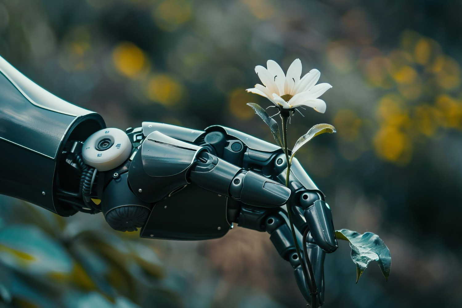 The stark contrast between cold precision and organic beauty creates a powerful narrative about humanity's relationship with technology and the natural world.