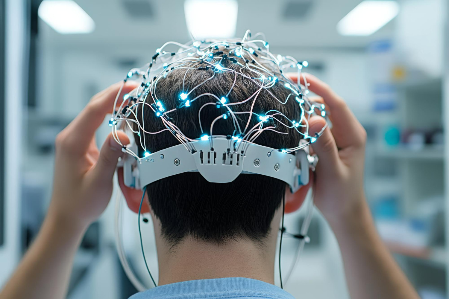 This striking image captures the cutting edge of neurotechnology and brain-computer interface development.