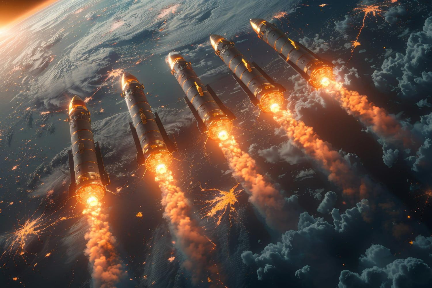 The golden light of sunrise or sunset plays across the landscape, creating an ethereal glow that frames the ascending rockets.